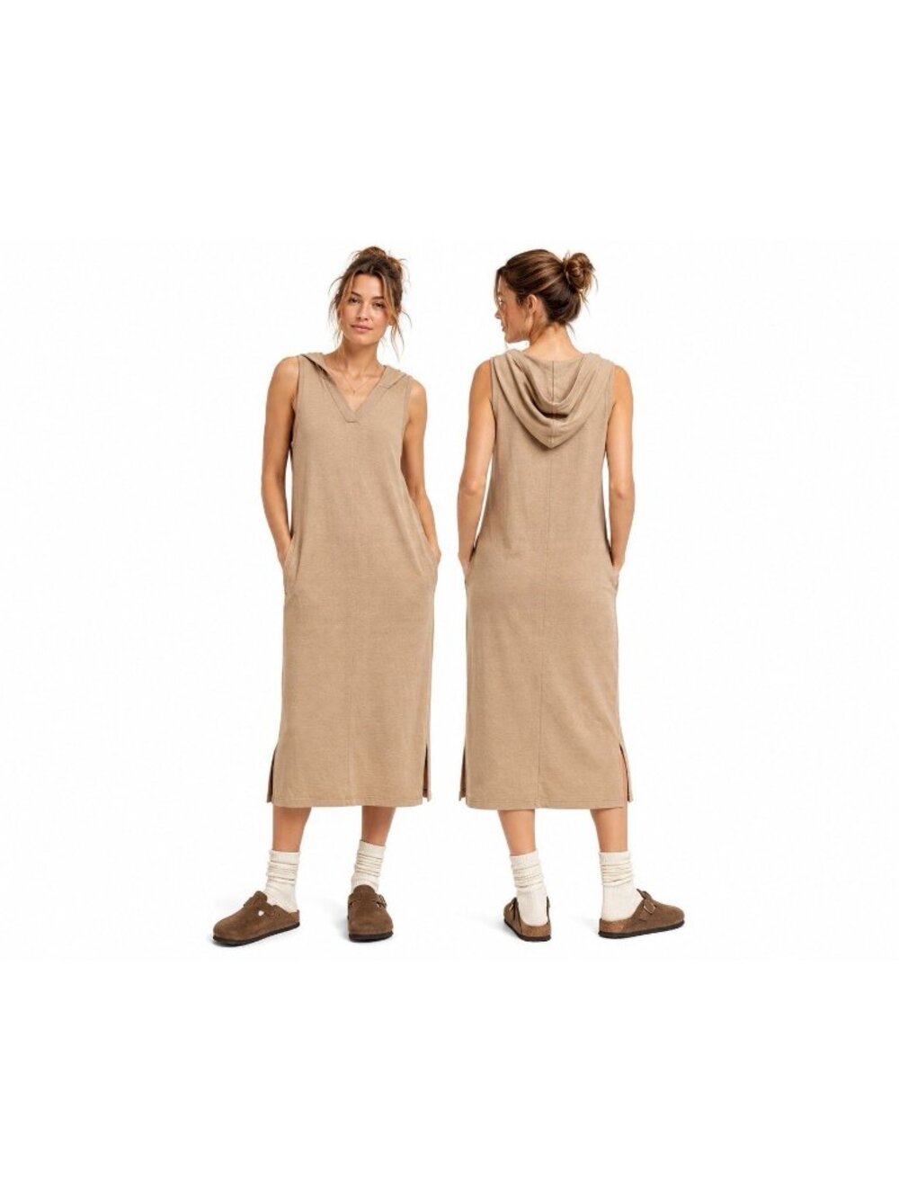 PACT MIDI DRESS hoodie tan pockets MEDIUM 100% organic cotton granola girl
